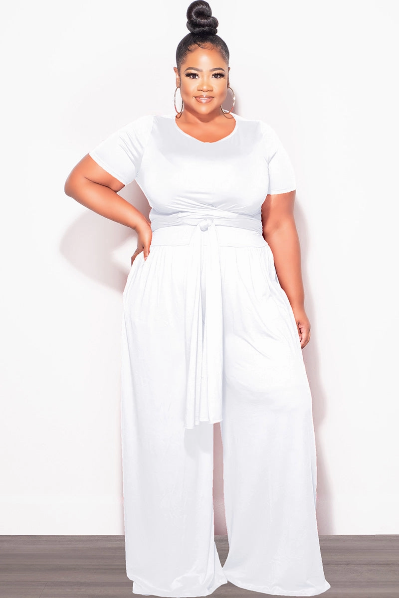 Sleek Comfort Final Sale Plus Size 2pc Short Sleeve Tie Top and Pants Set in White