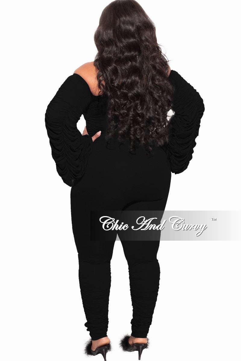 Final Sale Plus Size 2-Piece Set Ruched Top and Pants Set in Black Slim Waist TearResistantPanels