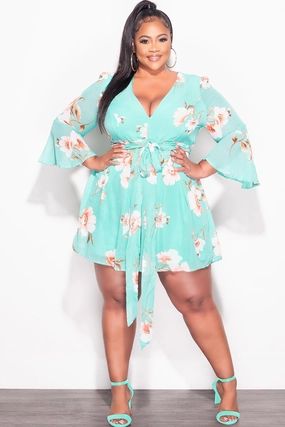 Final Sale Plus Size Chiffon Faux Wrap Bell Sleeve Romper in Teal Floral Print Chilly Day Comfort Day Wear