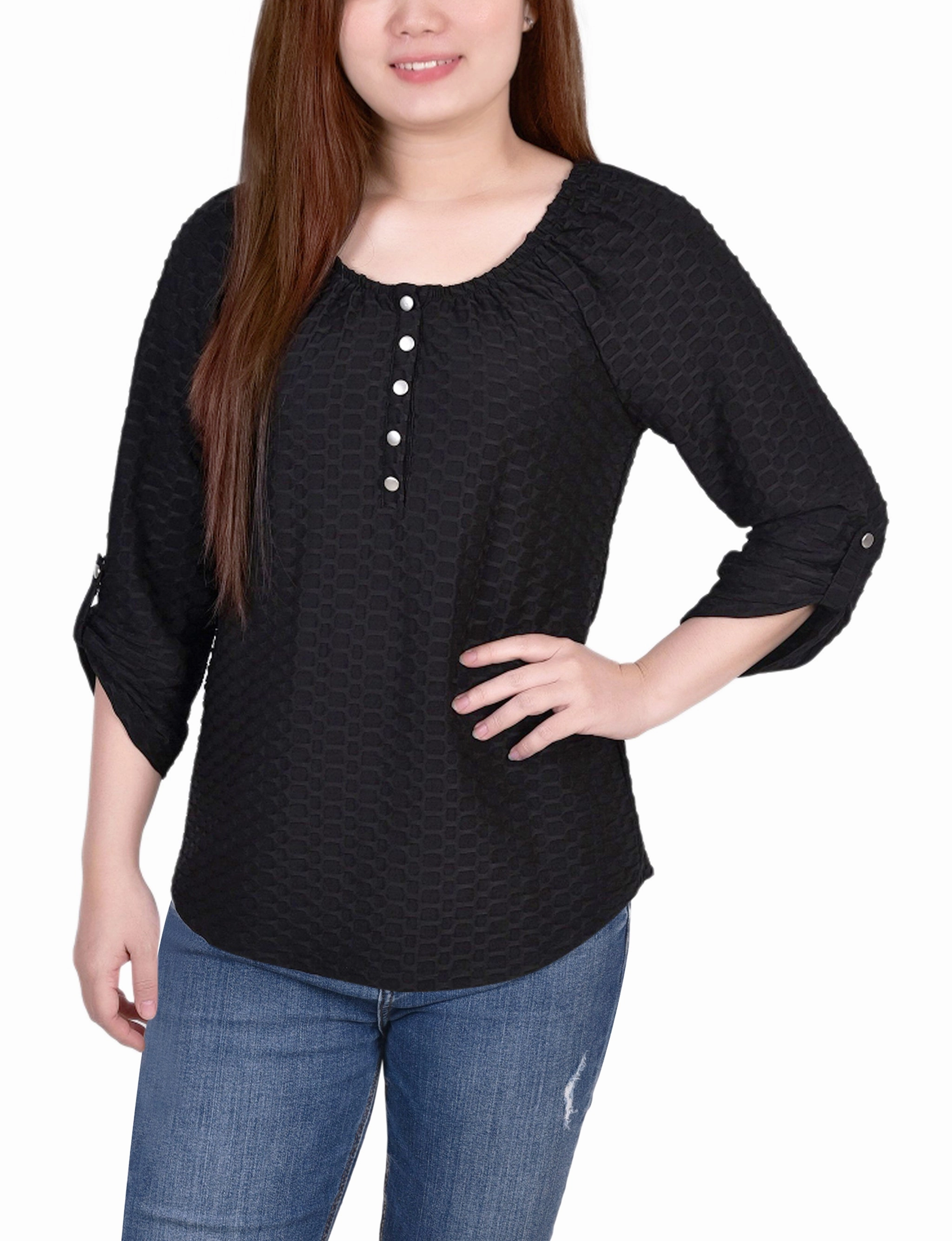Relaxed Fit Shirt 3/4 Sleeve Honeycomb Henley Top