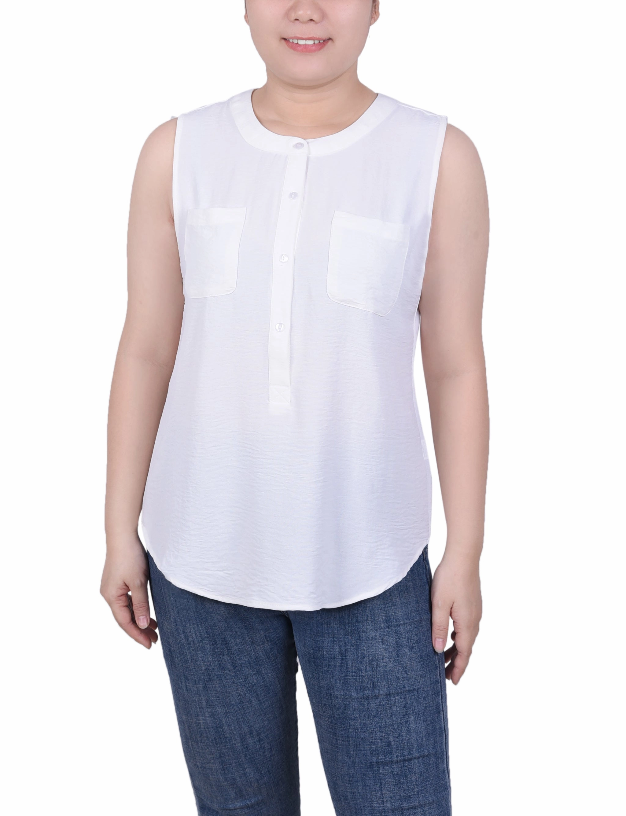 Breathable Mesh Insert Soft Cotton Blend Petite Sleeveless Air Flow Blouse