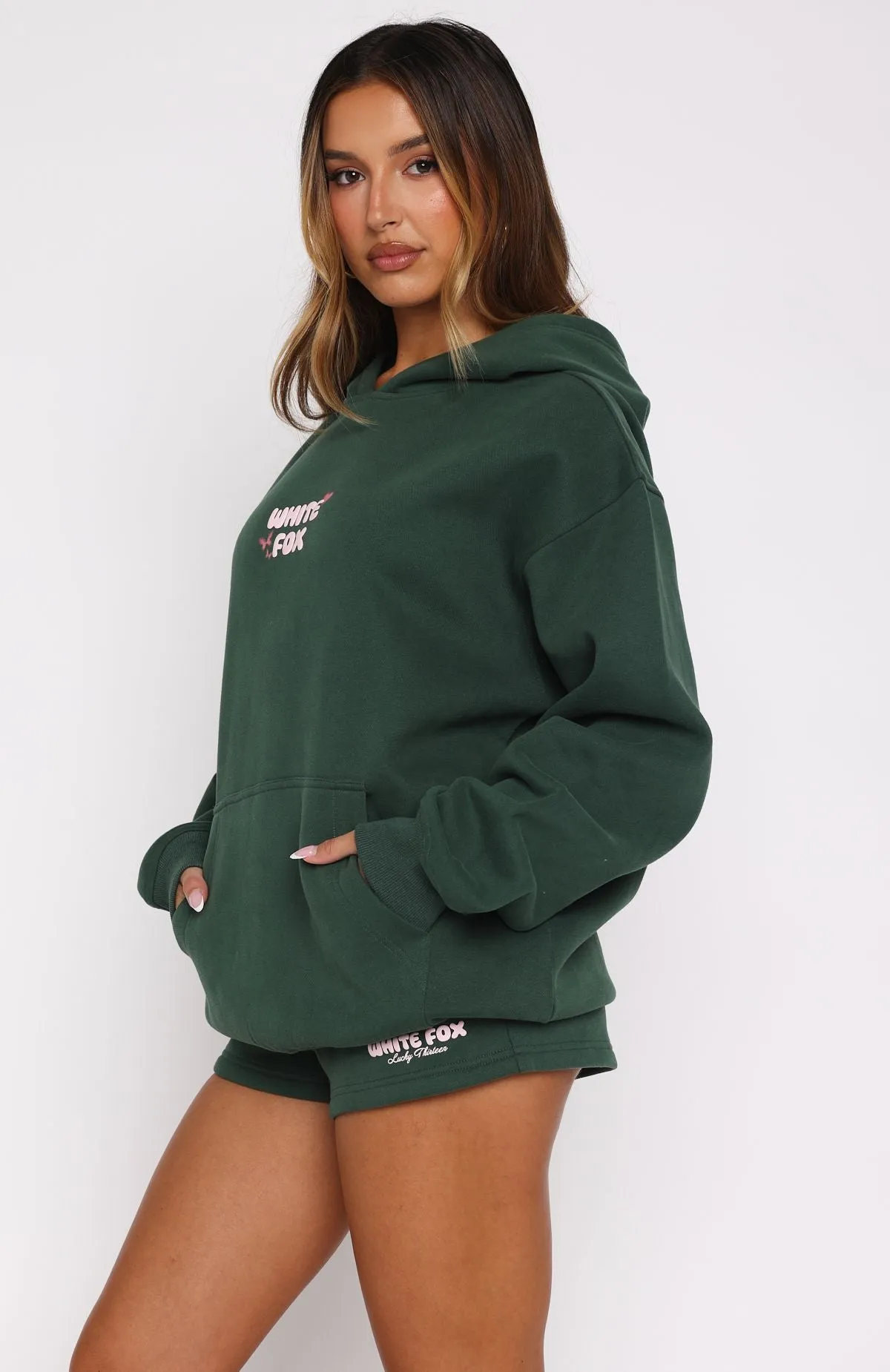 Lucky Thirteen Stephanie Oversized Hoodie Green Soft Material Openwork Lattice Pattern