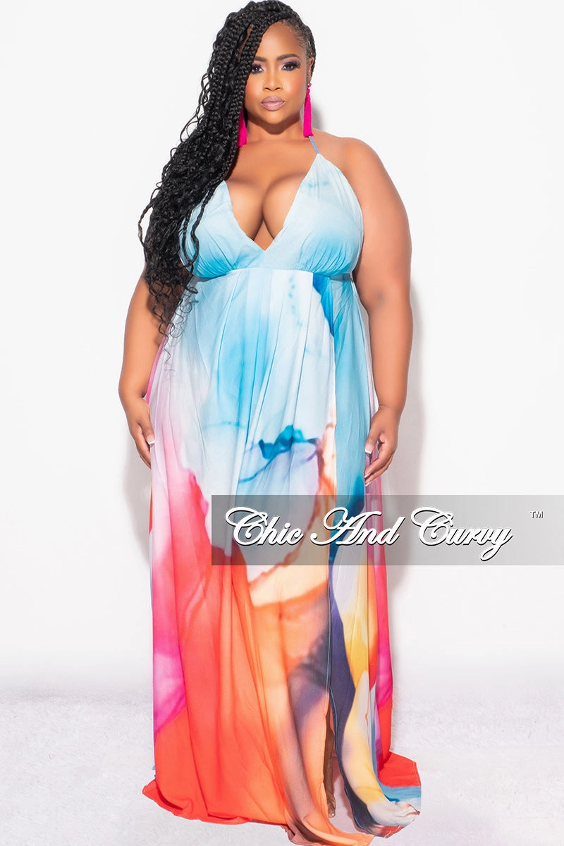 Final Sale Plus Size Chiffon Maxi Dress with Open Back in Horizon Print Anti Slip Waistband Smart Stretch