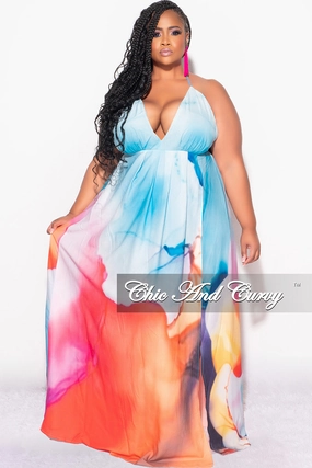 Easy Fit Lightweight insulation Final Sale Plus Size Chiffon Maxi Dress with Open Back in Horizon Print