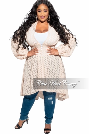 Final Sale Plus Size Sheer Button High-Low Duster in Light Beige/ Tan Zig Zag Design Essential Layer