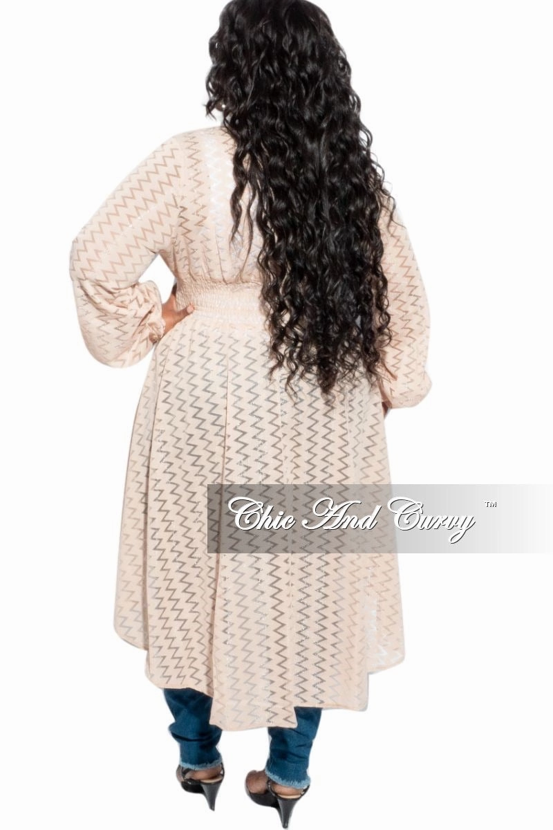 Final Sale Plus Size Sheer Button High-Low Duster in Light Beige/ Tan Zig Zag Design Versatile staple Modern Comfort