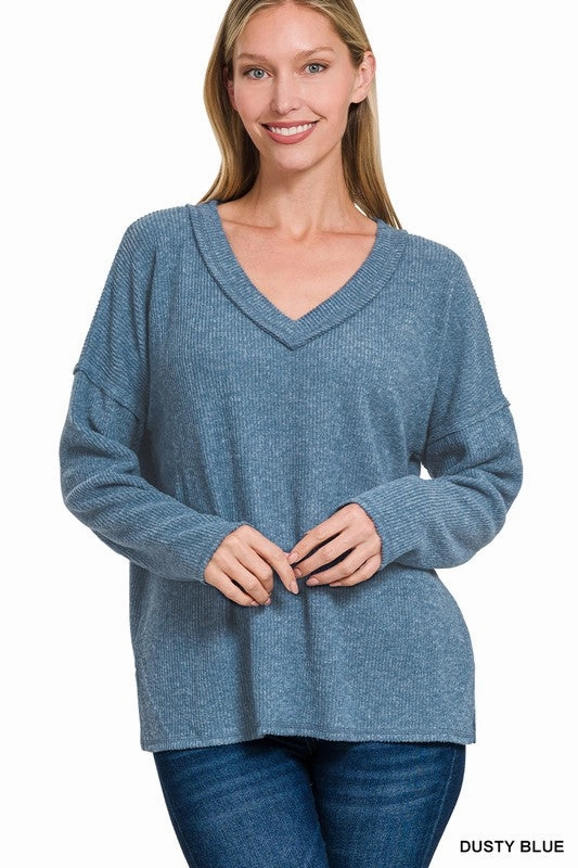 Mackenna Ribbed V-neck Drop Shoulder Top S-XL HypoallergenicFabric Quick Release Fastener