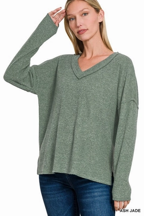 Mackenna Ribbed V-neck Drop Shoulder Top S-XL Buttery Soft Handfeel Temperature Regulating Textile