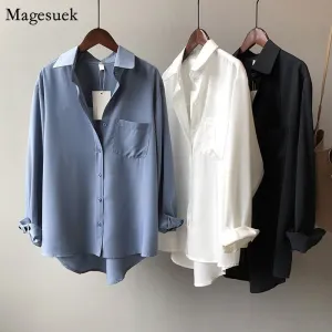 MAGESUEK Classy Collared Button Down Loose Chiffon Top
