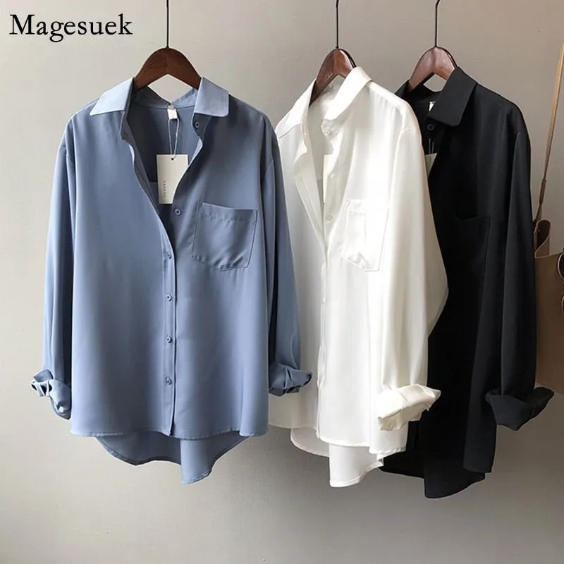 MAGESUEK Classy Collared Button Down Loose Chiffon Top
