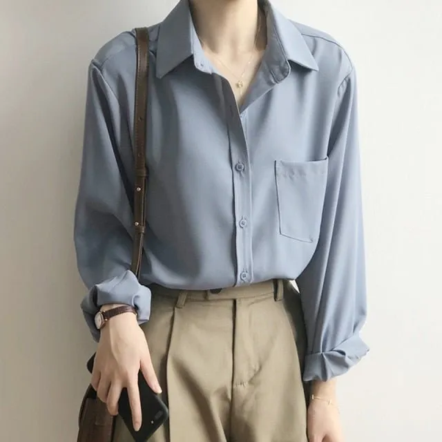 MAGESUEK Classy Collared Button Down Loose Chiffon Top