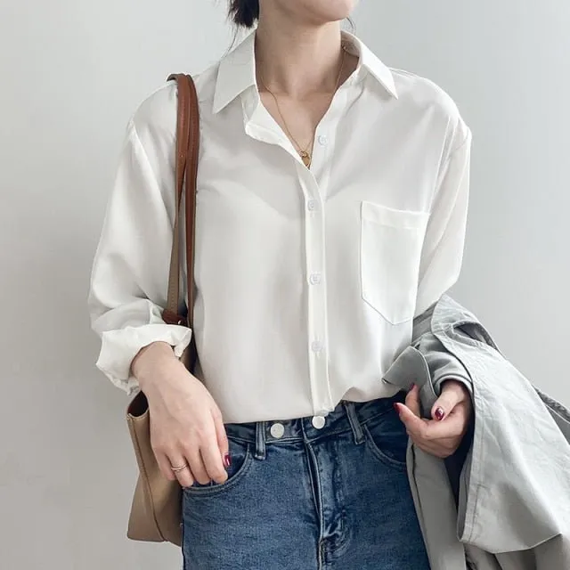MAGESUEK Classy Collared Button Down Loose Chiffon Top