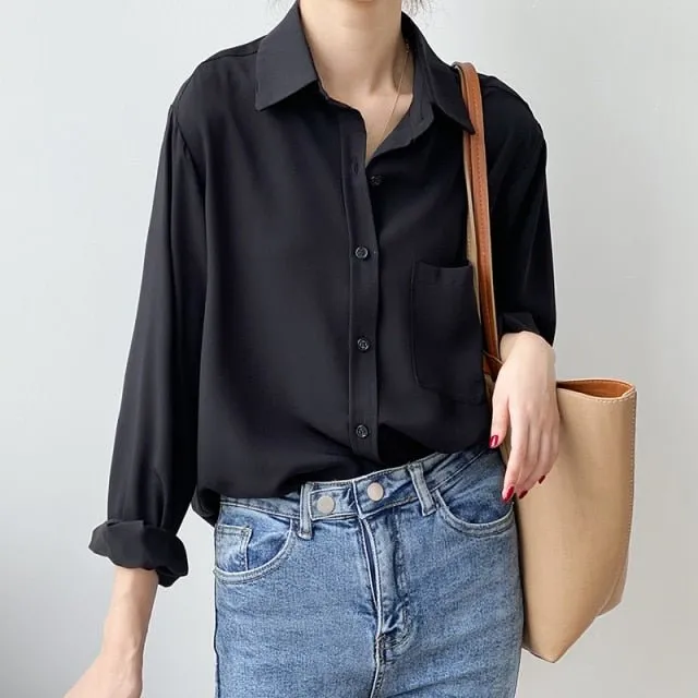 MAGESUEK Classy Collared Button Down Loose Chiffon Top