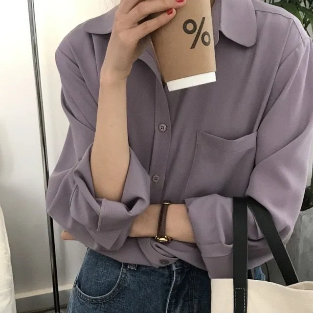 MAGESUEK Classy Collared Button Down Loose Chiffon Top