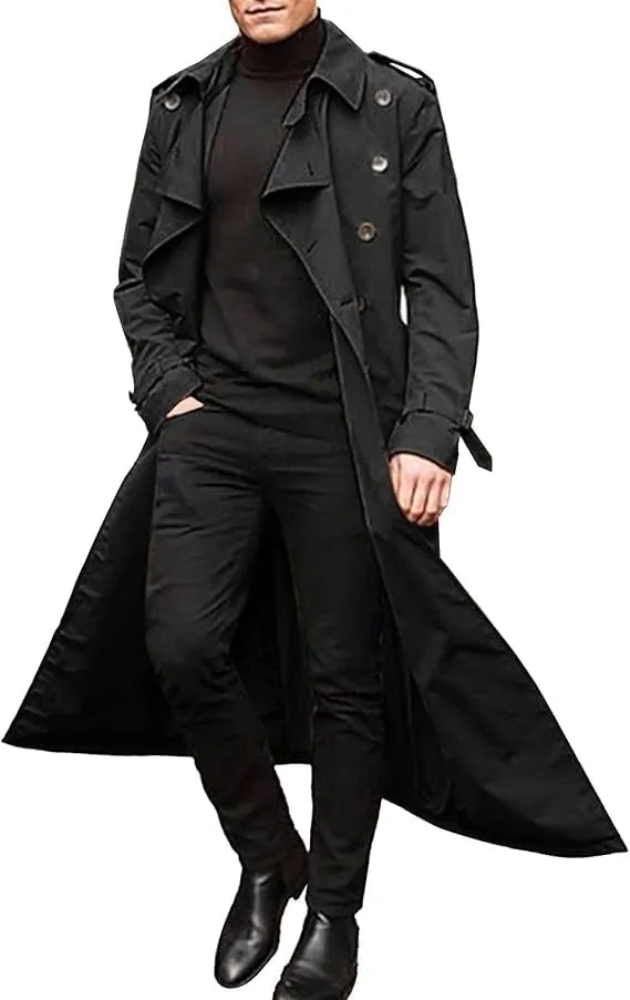 Maiyifu-GJ Men's Fall Winter Trench Coat Slim Fit Double Breasted Long Jacket Casual Lightweight Windbreaker Overcoat