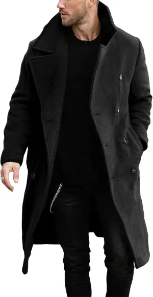 Makkrom Mens Double Breasted Trench Coat Casual Lapel Collar Business Winter Long Overcoats