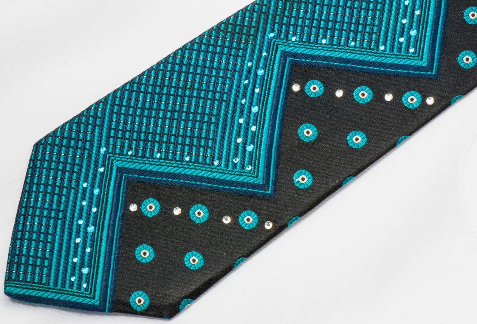 Marie Claire Mens Rhinestone Silk Necktie Turquoise Chevron On Blue With Silver Sparkles