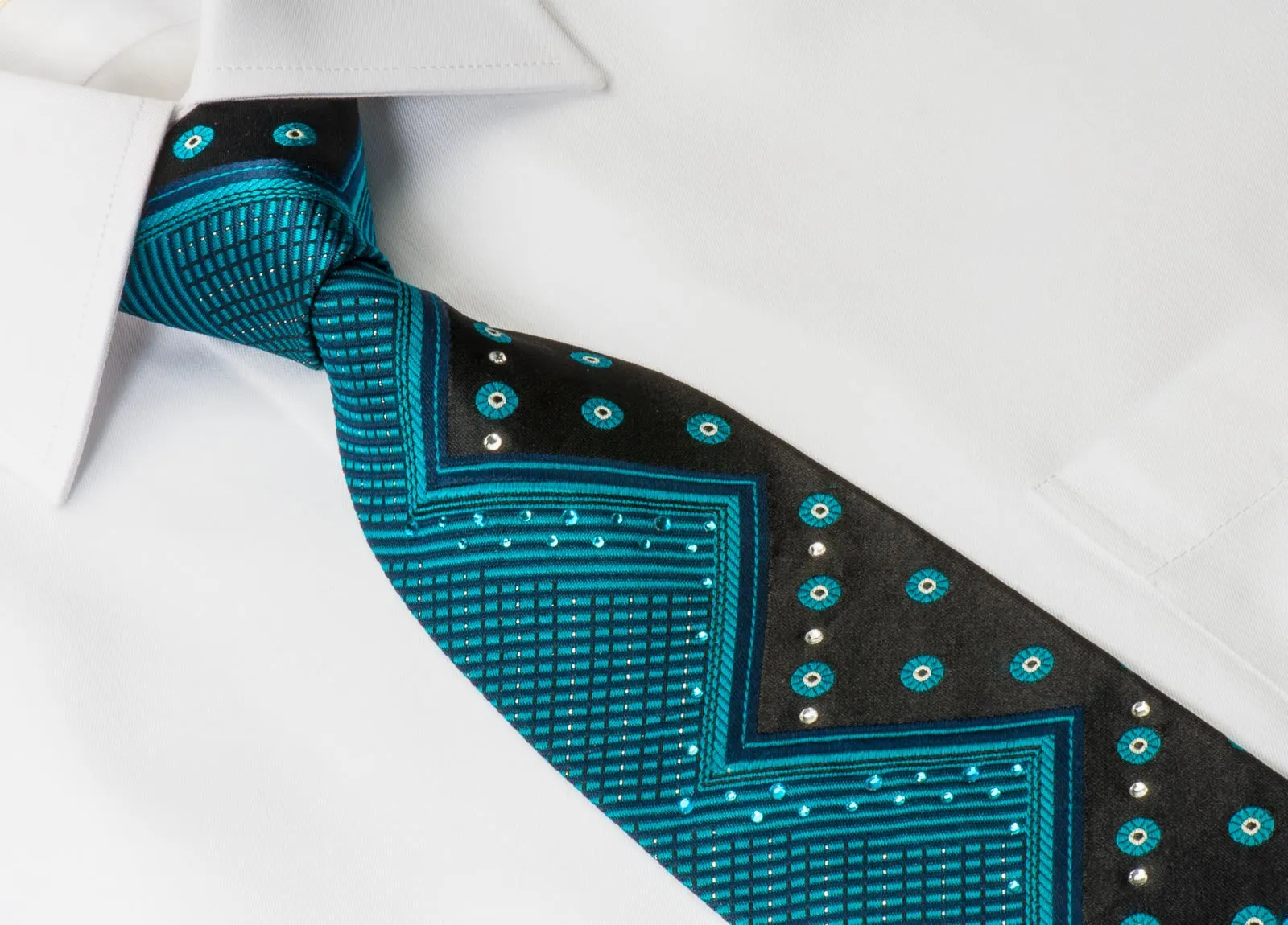 Marie Claire Mens Rhinestone Silk Necktie Turquoise Chevron On Blue With Silver Sparkles