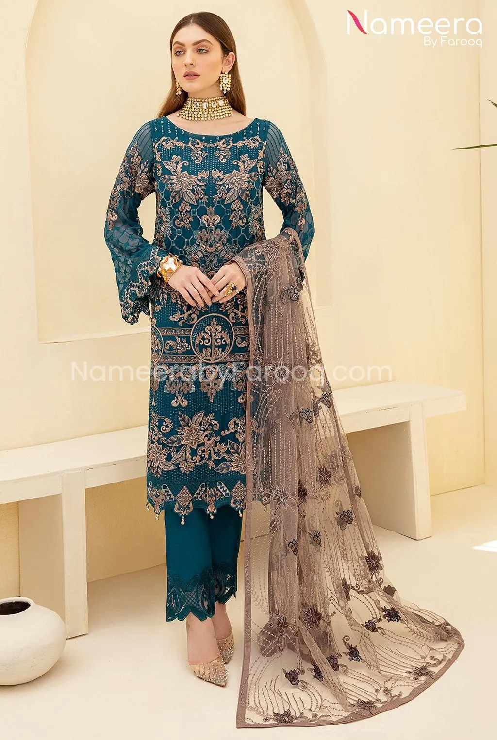 Maryum n Maria Pakistani Gown Dress in Teal Color #PF92