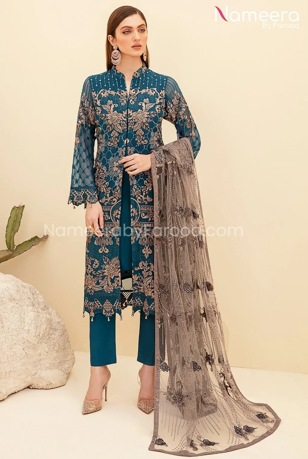 Maryum n Maria Pakistani Gown Dress in Teal Color #PF92