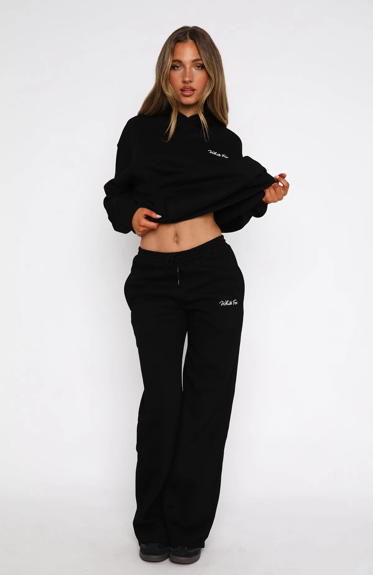 Match Your Words Wide Leg Sweatpants Black Plush Inner Lining Subtle Elegance