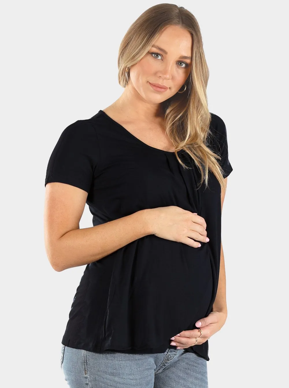 Maternity & Nursing Petal Front Short Sleeve Top in Black