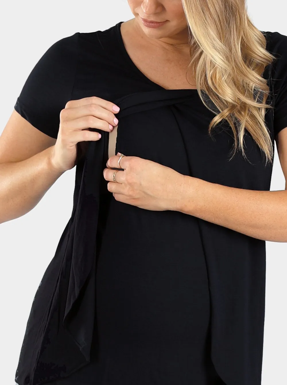 Maternity & Nursing Petal Front Short Sleeve Top in Black