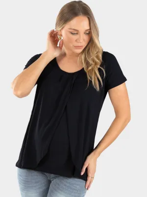 Maternity & Nursing Petal Front Short Sleeve Top in Black
