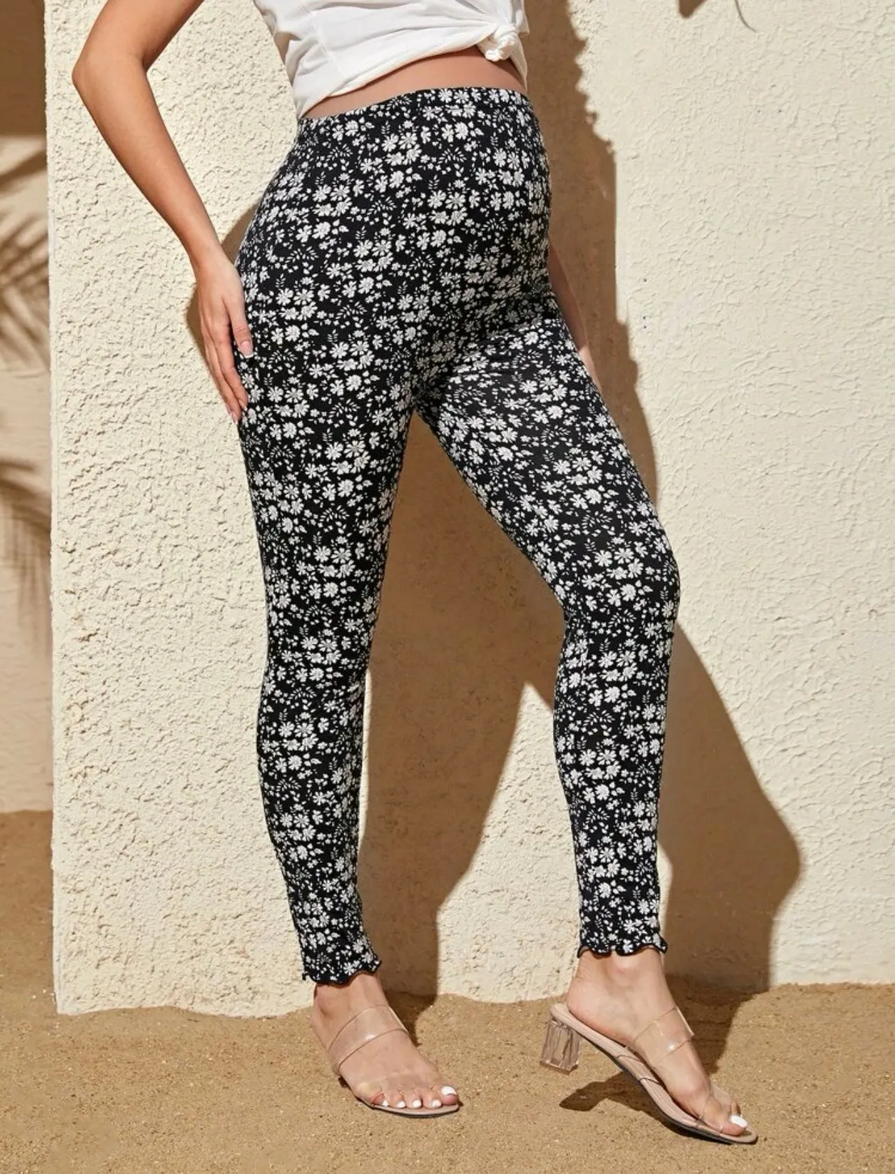 Maternity high waist allover floral print lettuce trim leggings