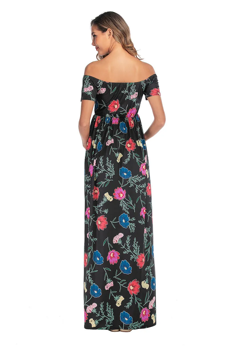 Maternity Off Shoulder Floral Print Chiffon Dress