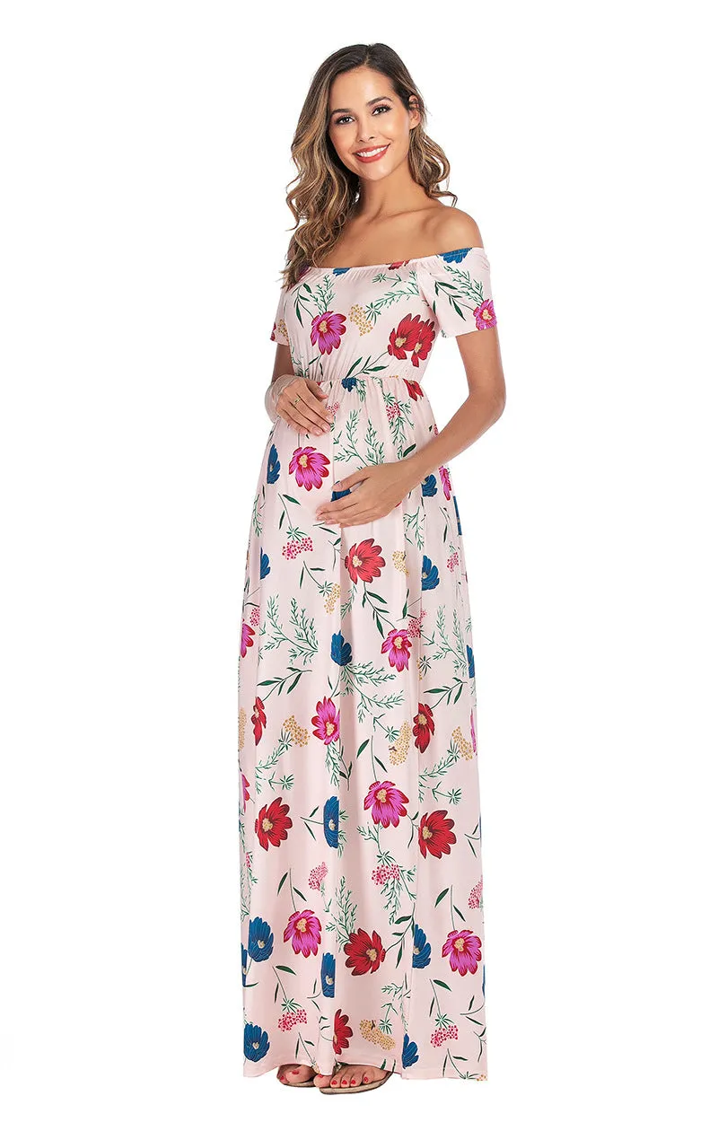 Maternity Off Shoulder Floral Print Chiffon Dress