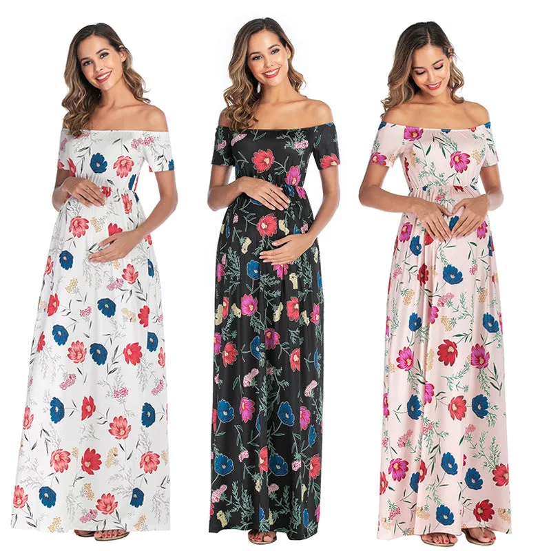 Maternity Off Shoulder Floral Print Chiffon Dress