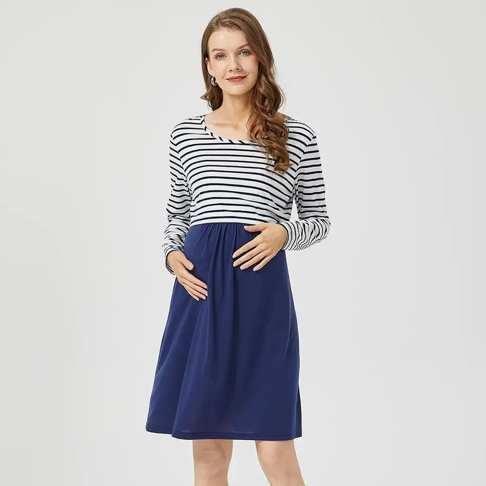 Maternity Striped Long Sleeve Nursing Dress