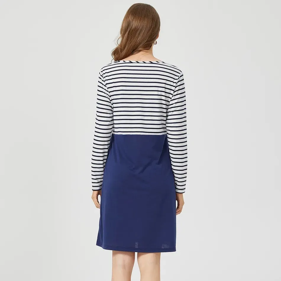 Maternity Striped Long Sleeve Nursing Dress