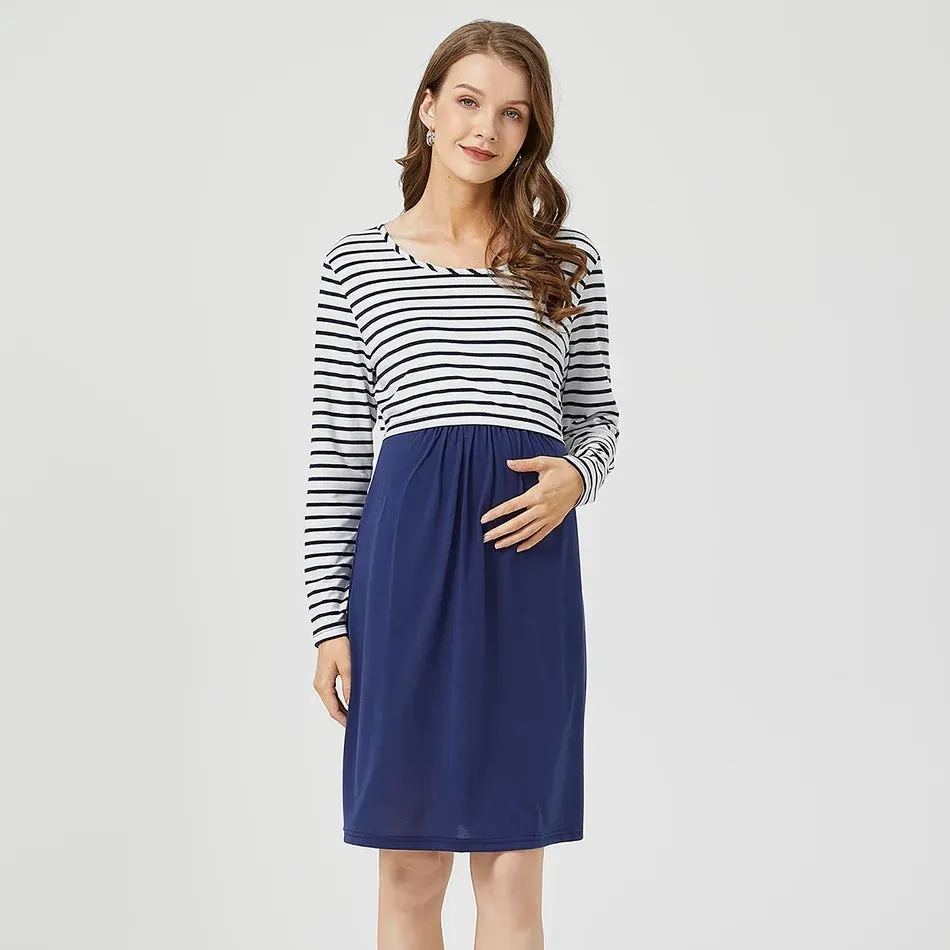 Maternity Striped Long Sleeve Nursing Dress