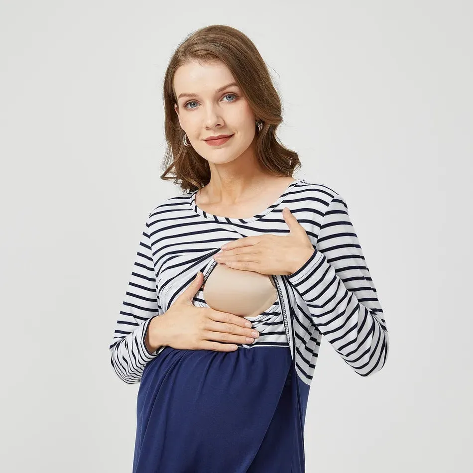 Maternity Striped Long Sleeve Nursing Dress