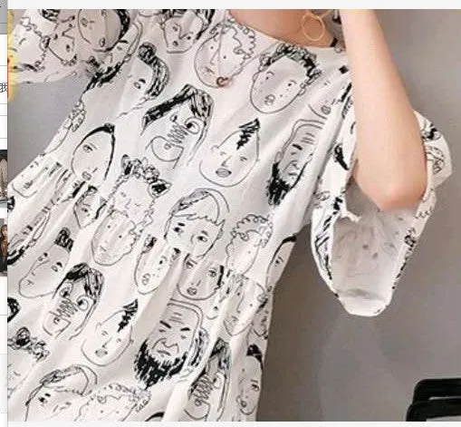 Maternity Summer Korean Mid-Length Bow Pregnant Woman Dress Loose Short Sleeve Tops Dress