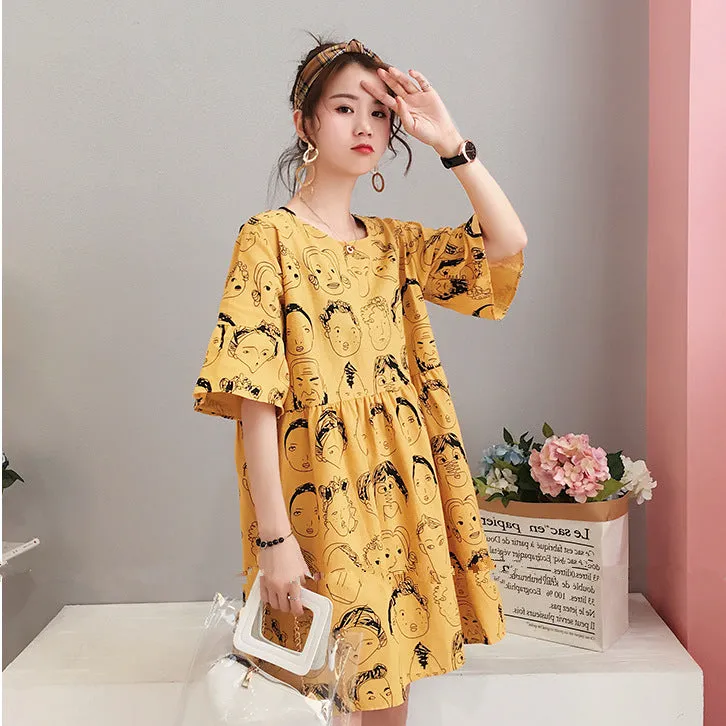 Maternity Summer Korean Mid-Length Bow Pregnant Woman Dress Loose Short Sleeve Tops Dress