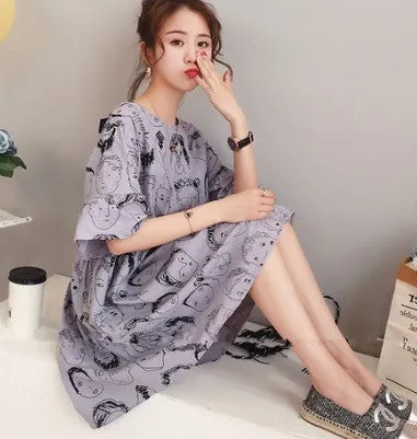 Maternity Summer Korean Mid-Length Bow Pregnant Woman Dress Loose Short Sleeve Tops Dress