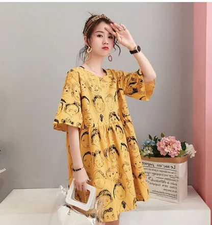 Maternity Summer Korean Mid-Length Bow Pregnant Woman Dress Loose Short Sleeve Tops Dress