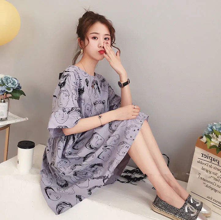 Maternity Summer Korean Mid-Length Bow Pregnant Woman Dress Loose Short Sleeve Tops Dress