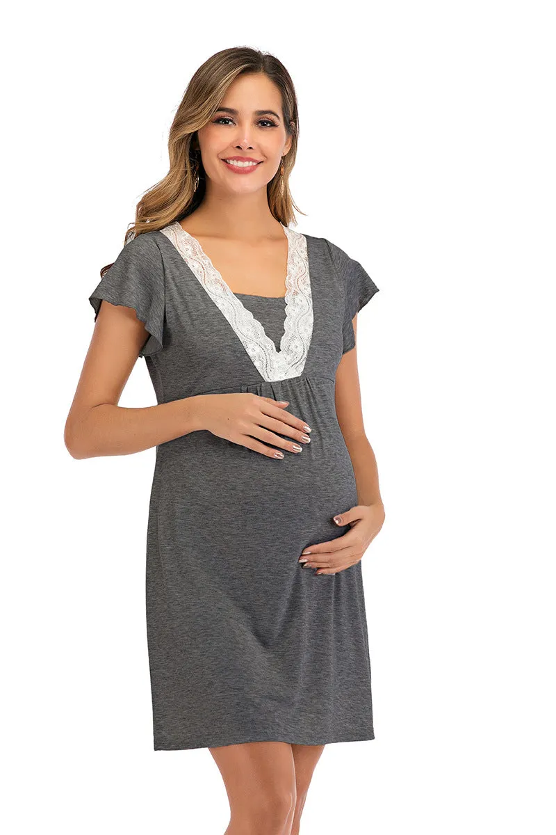 Maternity Surplice Neck Lace Detail Nightdres