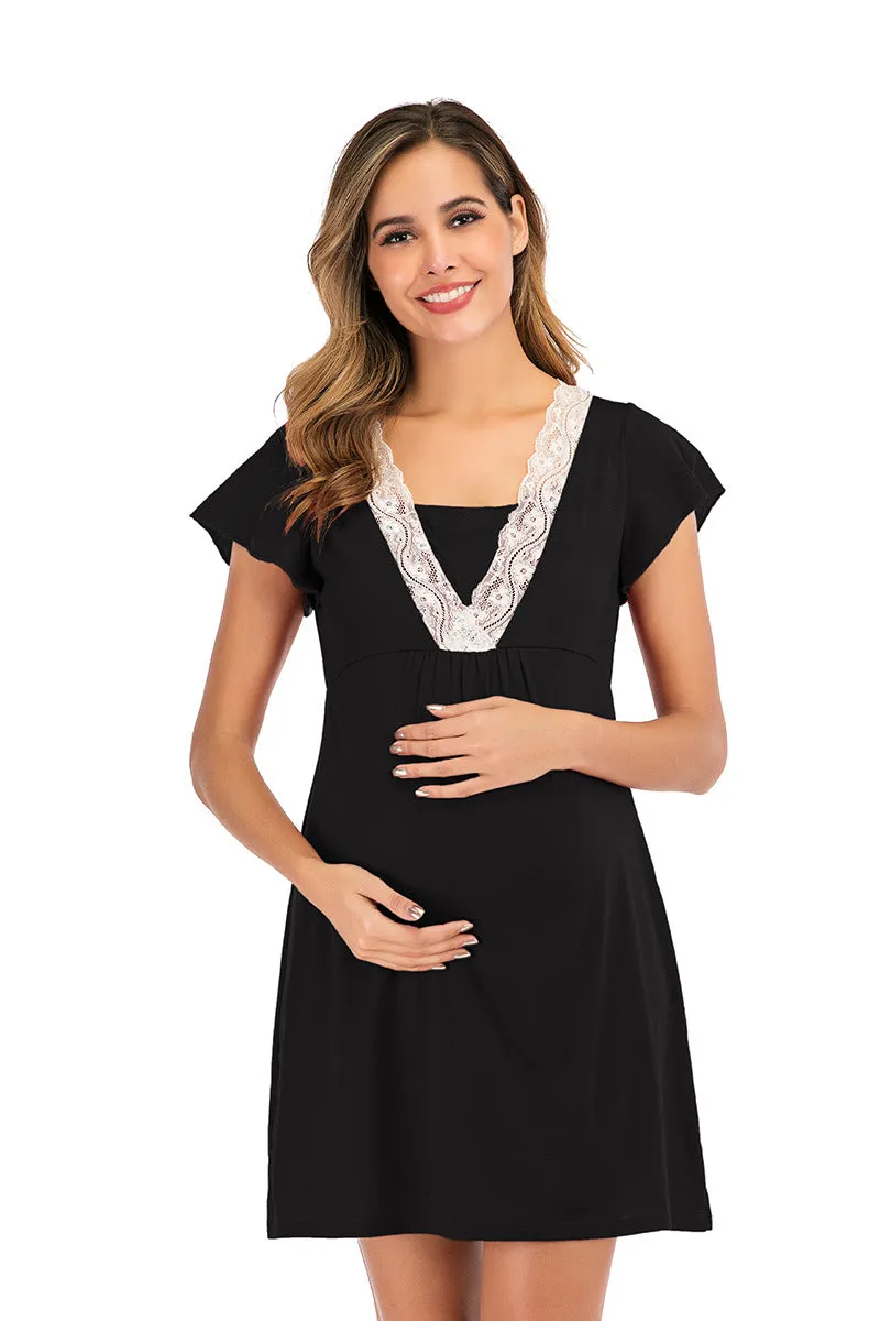 Maternity Surplice Neck Lace Detail Nightdres