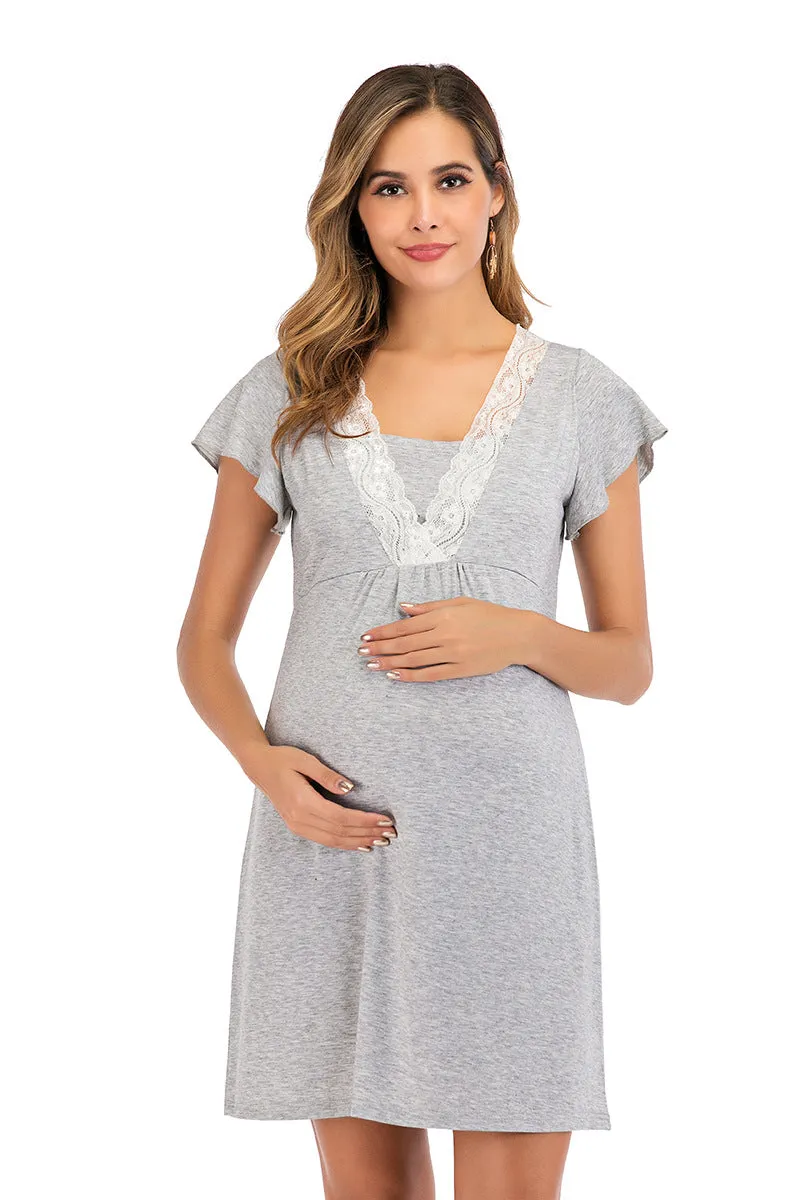 Maternity Surplice Neck Lace Detail Nightdres