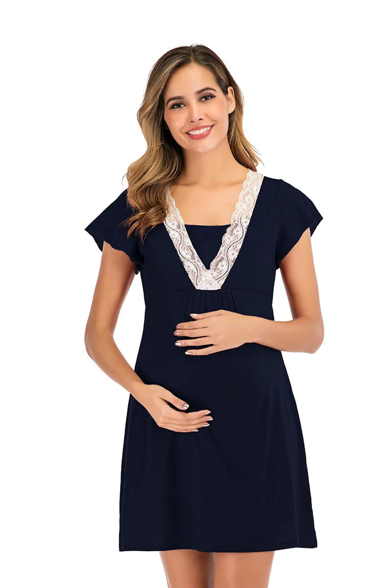 Maternity Surplice Neck Lace Detail Nightdres