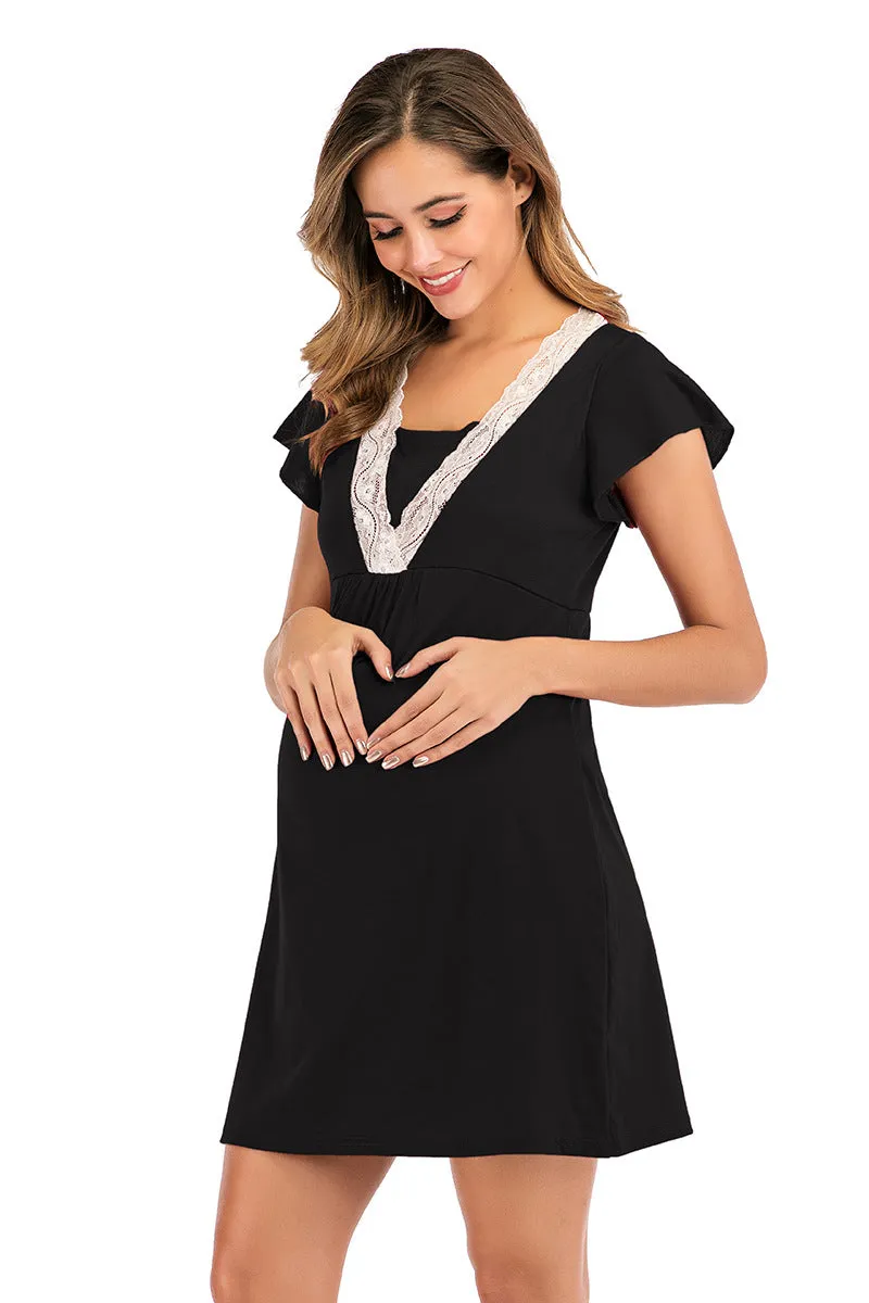 Maternity Surplice Neck Lace Detail Nightdres