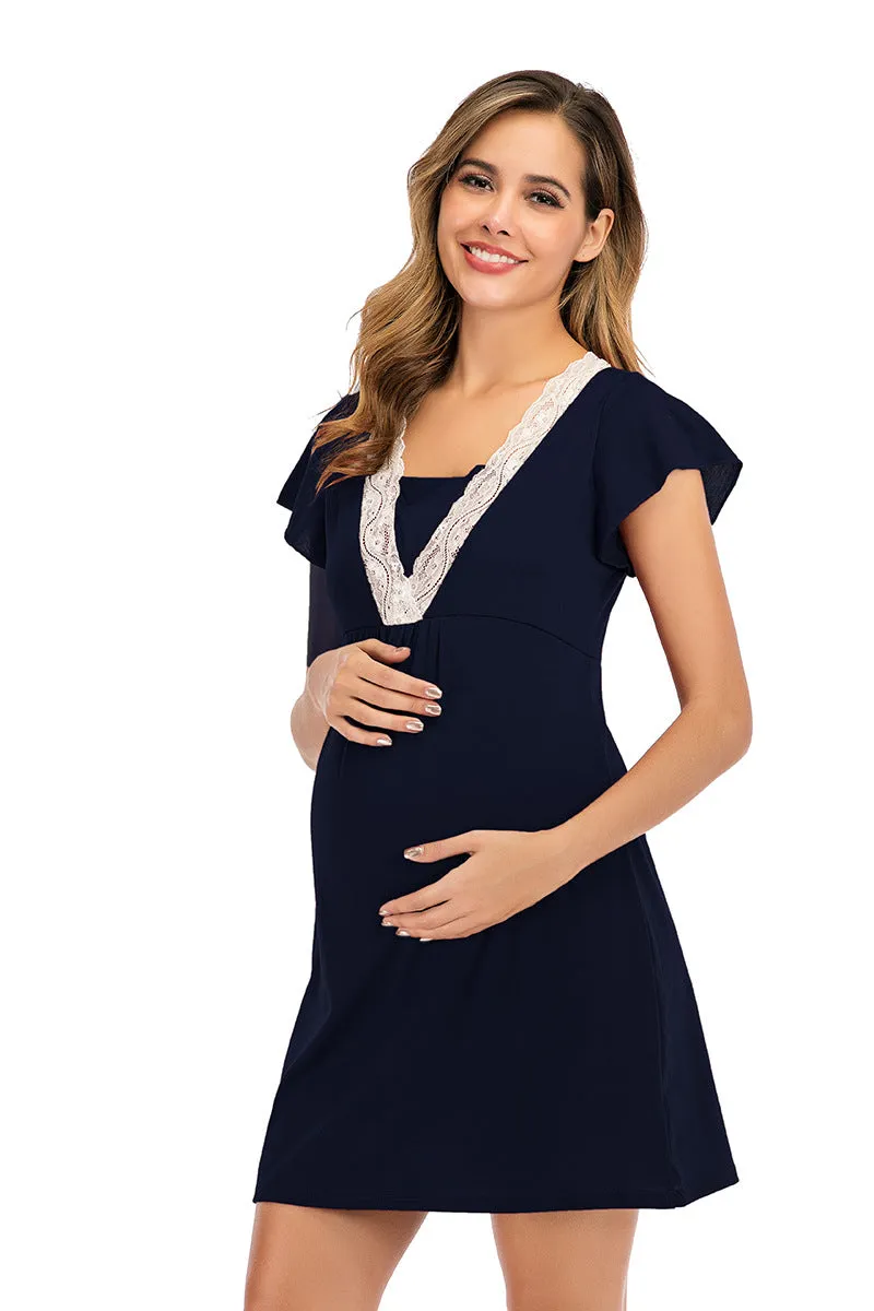 Maternity Surplice Neck Lace Detail Nightdres