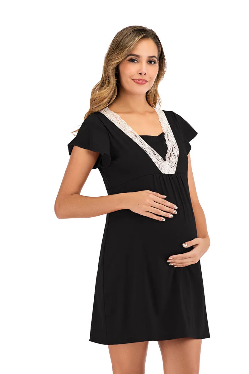 Maternity Surplice Neck Lace Detail Nightdres