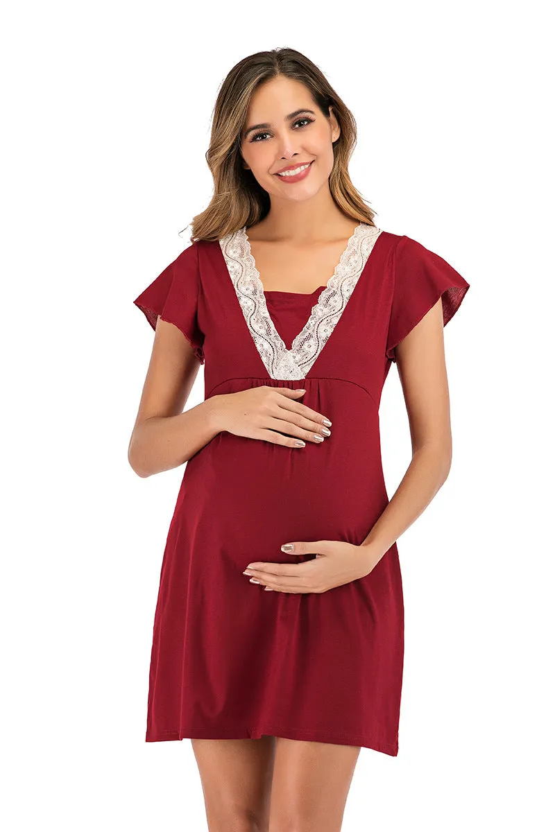 Maternity Surplice Neck Lace Detail Nightdres