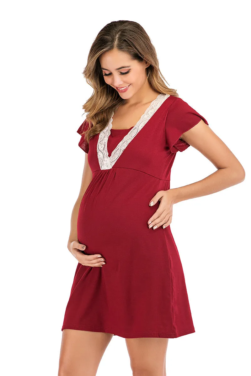Maternity Surplice Neck Lace Detail Nightdres